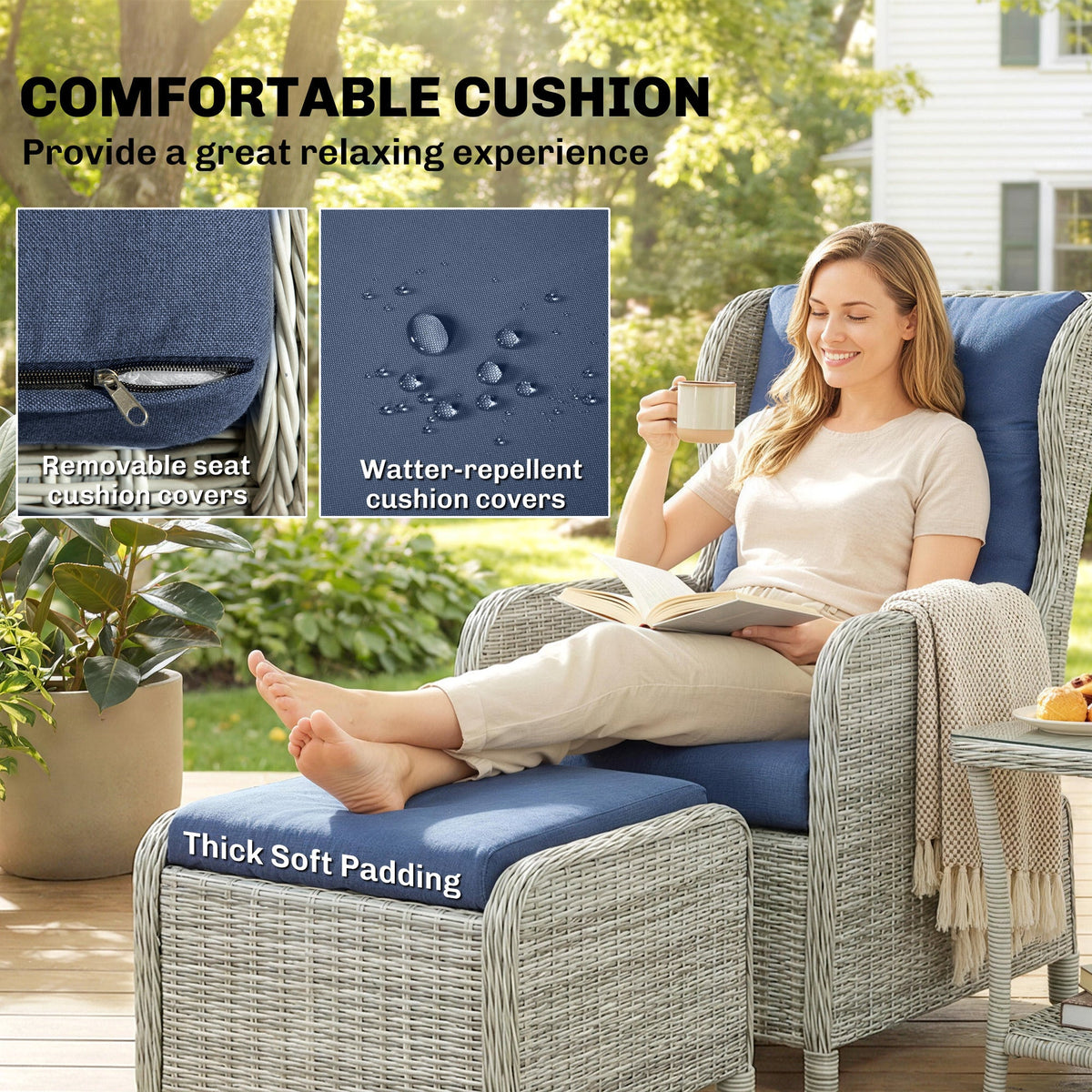 5 Piece Rattan Reclining Chair Set with Footstool and Glass Table, Dark Blue