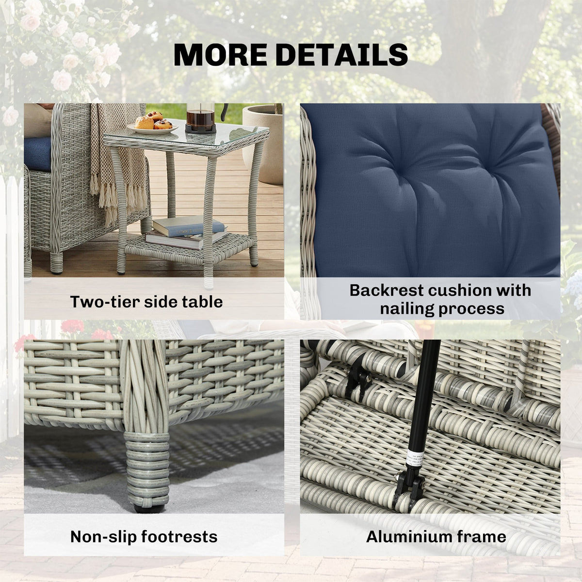 5 Piece Rattan Reclining Chair Set with Footstool and Glass Table, Dark Blue