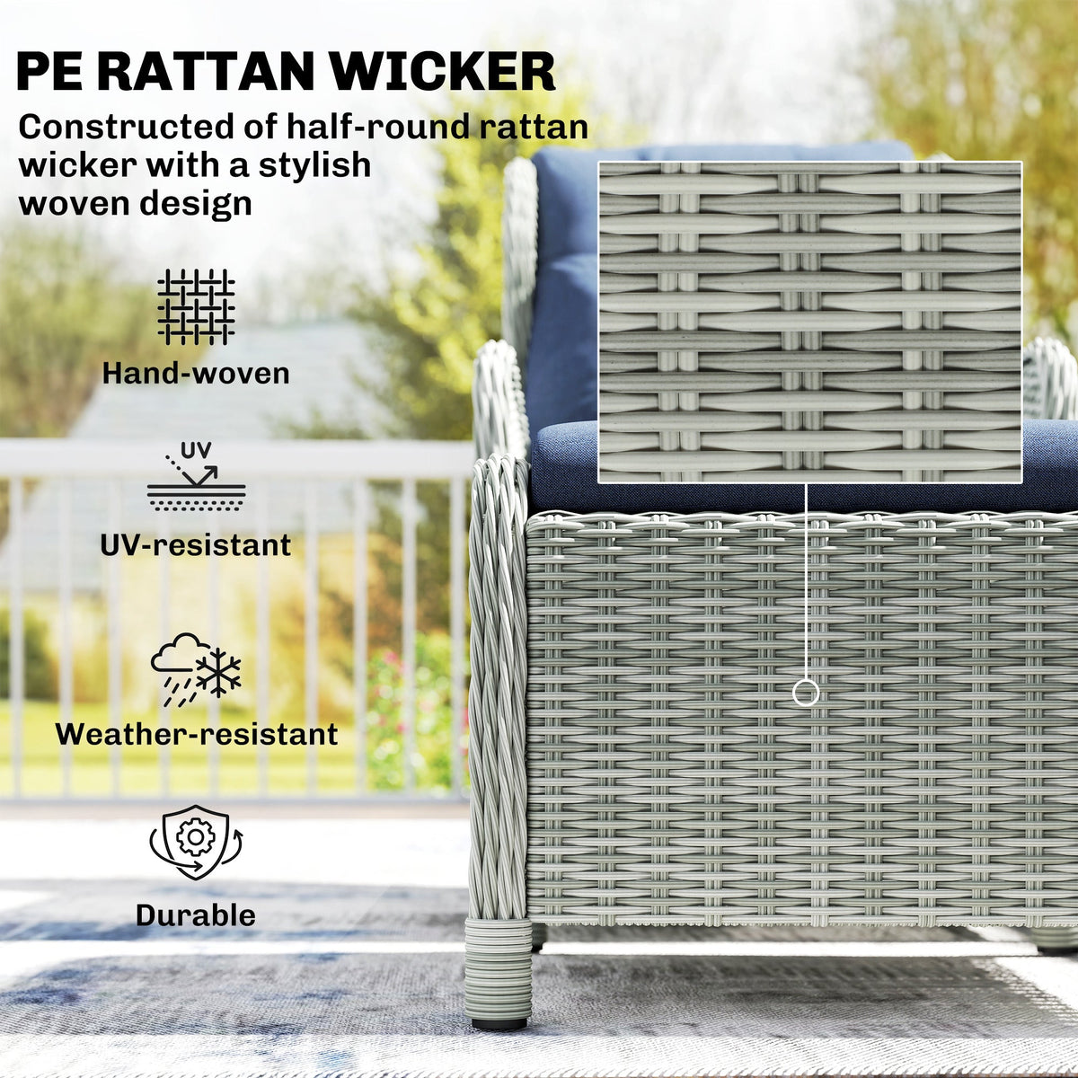 5 Piece Rattan Reclining Chair Set with Footstool and Glass Table, Dark Blue