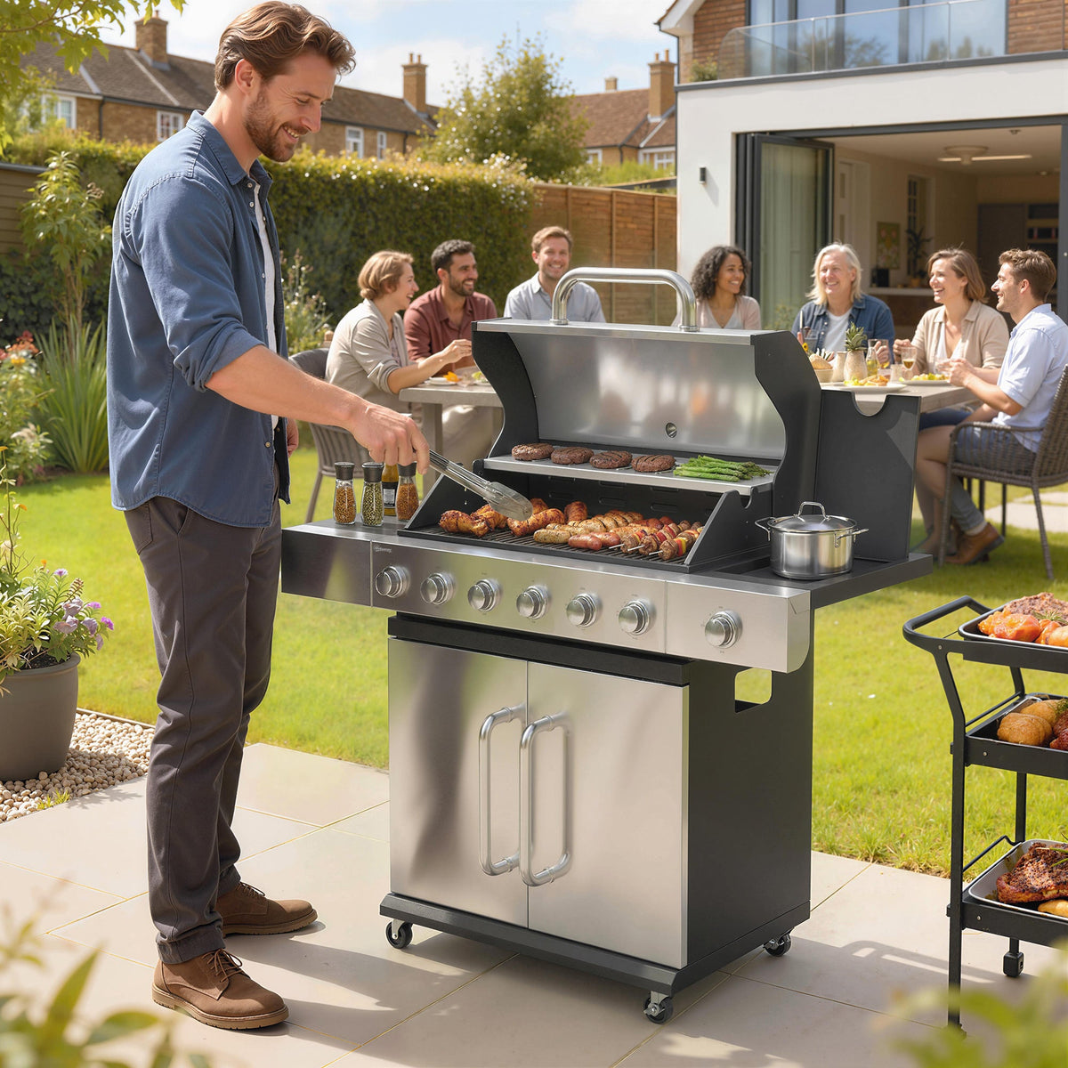 6 Burner Propane Gas Grill with Side Burner, 63,000 BTU , Warming Rack & Cabinet