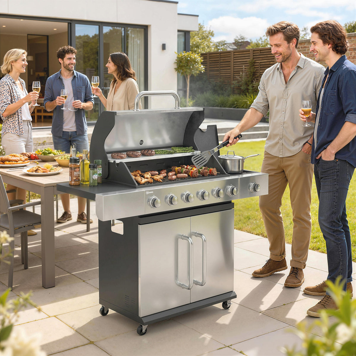 6 Burner Propane Gas Grill with Side Burner, 63,000 BTU , Warming Rack & Cabinet
