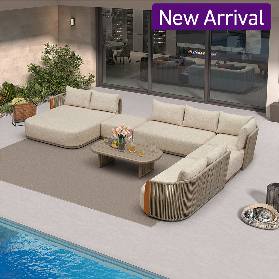 PURPLE LEAF Hailar L-Shaped Patio Conversation Set with Genuine Teak Cushions and Pillows Olefin Rope Backrest Outdoor Couch Sets for Backyard Porch