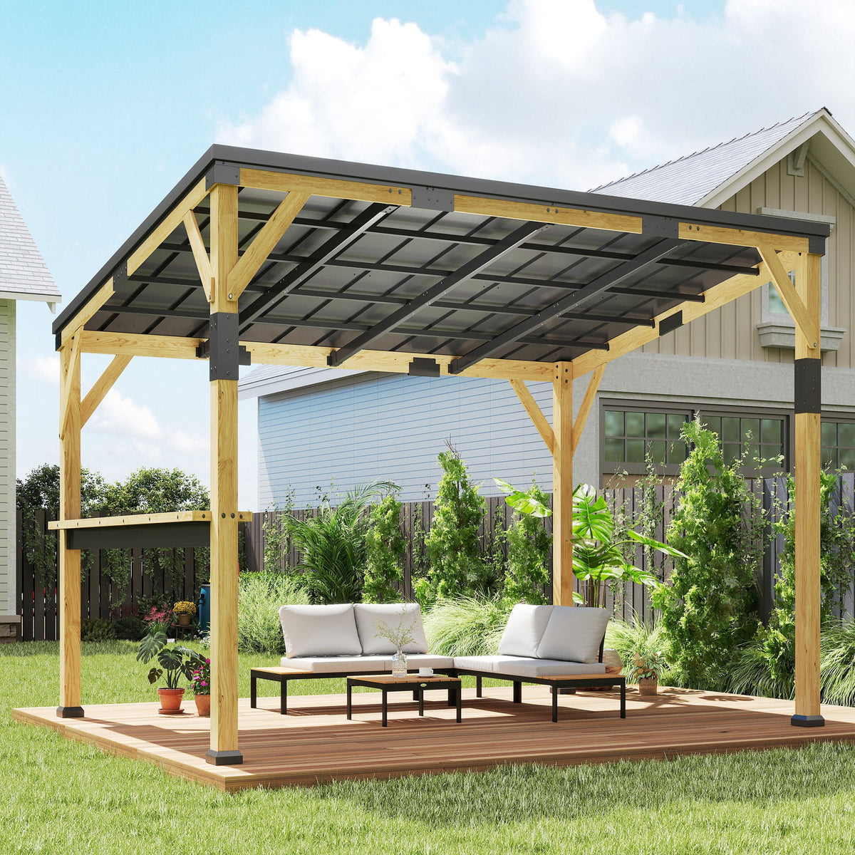 PerArbor 10' x 14' Wooden Lean-to Gazebo with Galvanized Steel Sloped Roof and Bar Shelf