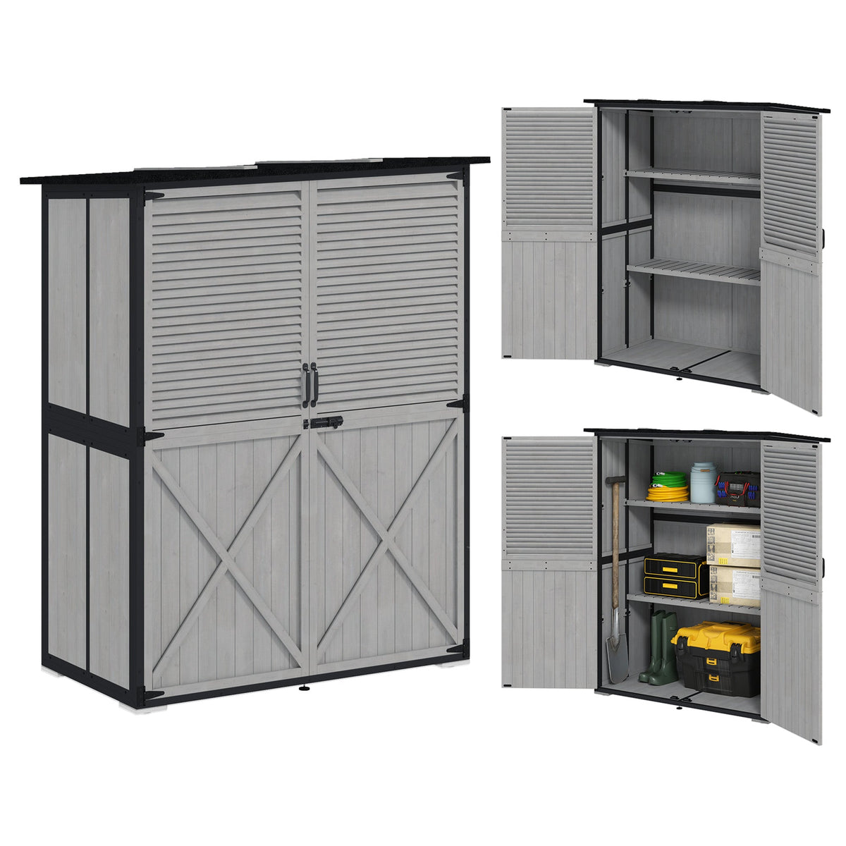 Wood Outdoor Storage Cabinet with Lock and Shelves, Gray
