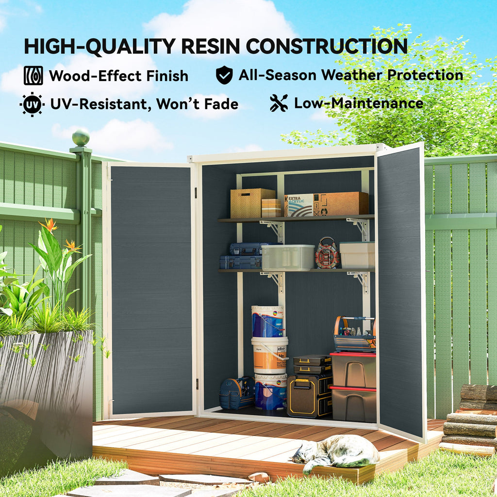 4.4' x 2.3' Plastic Garden Shed with Shelves and Floor, Distressed Grey