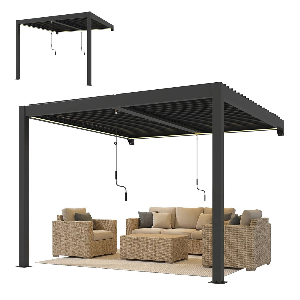 3 x 3 m Dark Grey Louvered Pergola with Adjustable Metal Roof, LED Lights