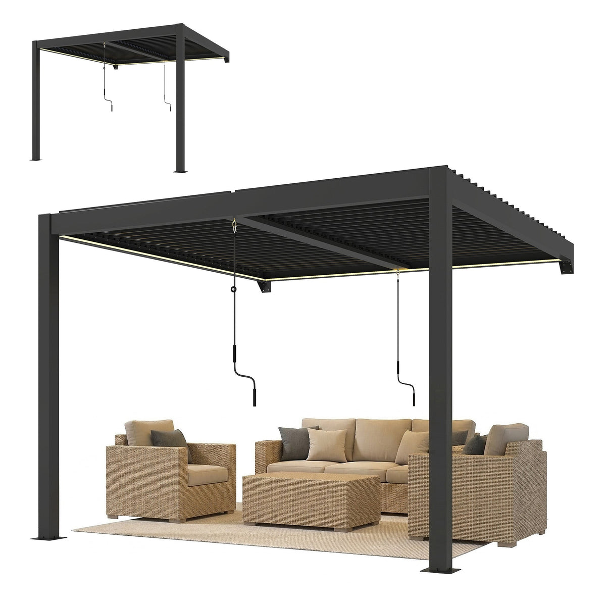 3 x 3 m Dark Grey Louvered Pergola with Adjustable Metal Roof, LED Lights