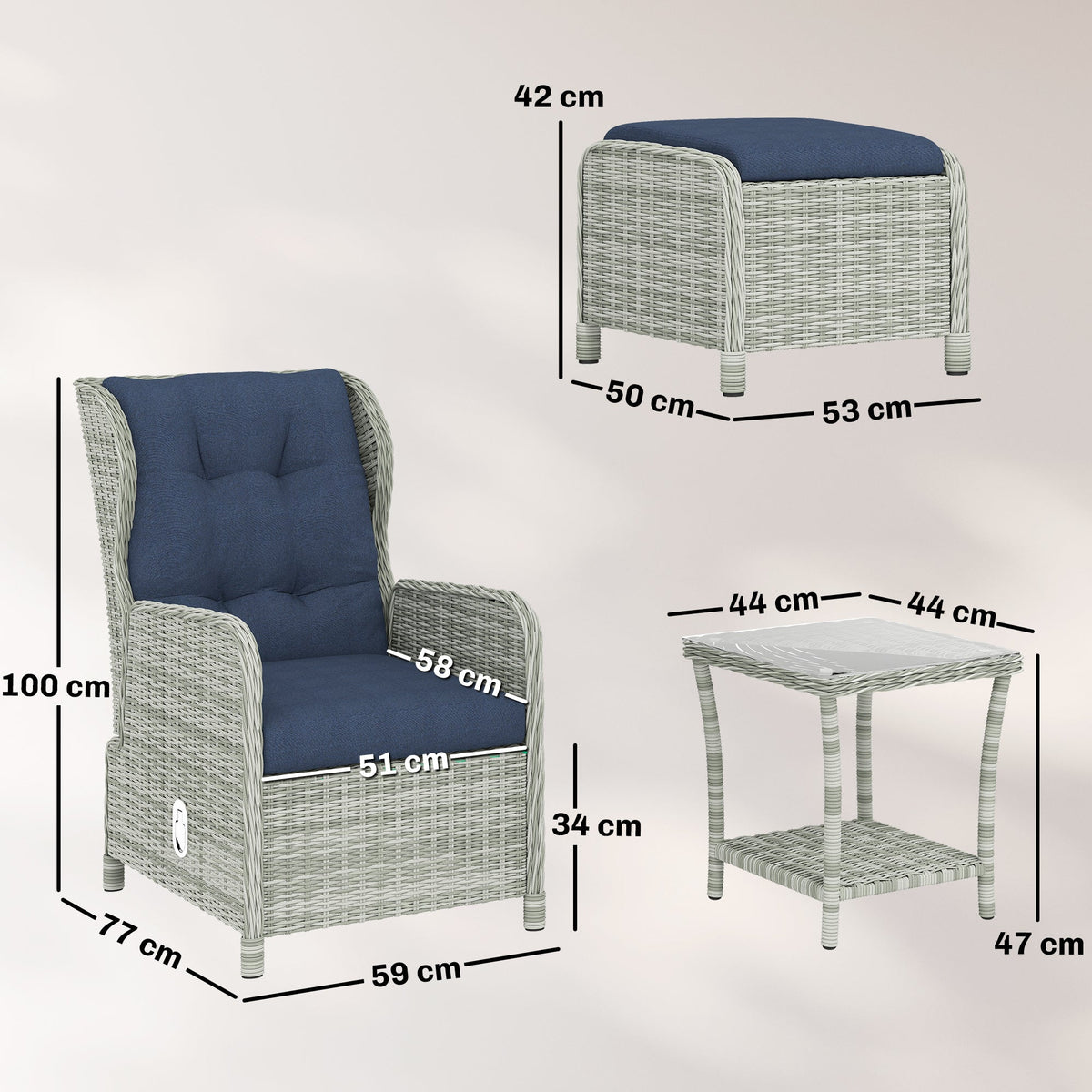 5 Piece Rattan Reclining Chair Set with Footstool and Glass Table, Dark Blue