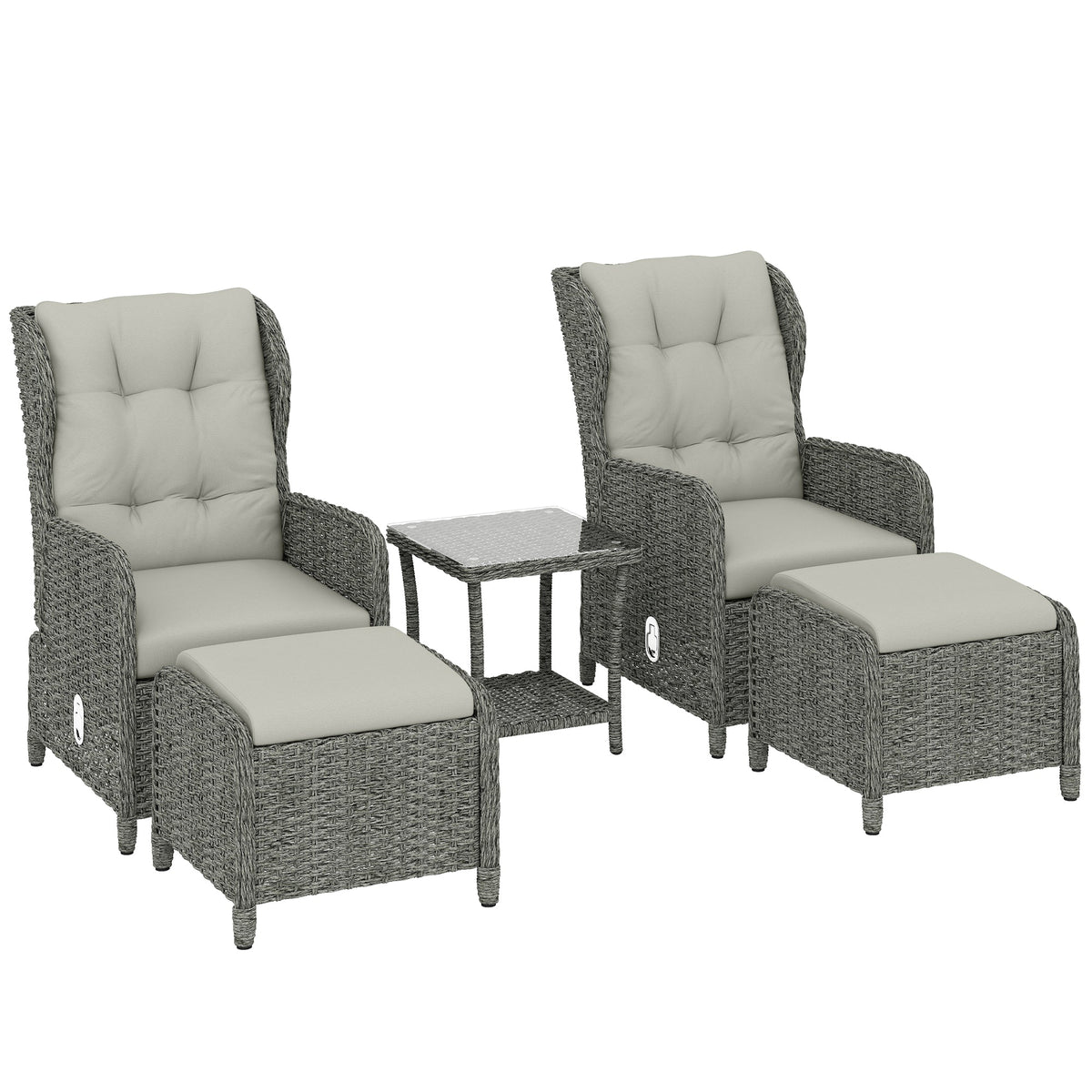 5 Piece Rattan Reclining Chair Set with Footstool and Glass Table, Cream White