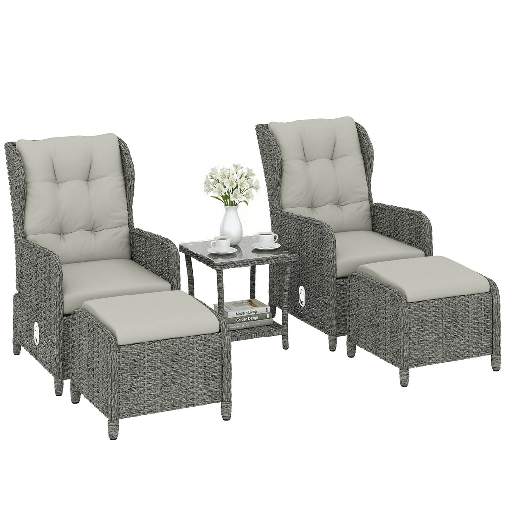 5 Piece Rattan Reclining Chair Set with Footstool and Glass Table, Cream White