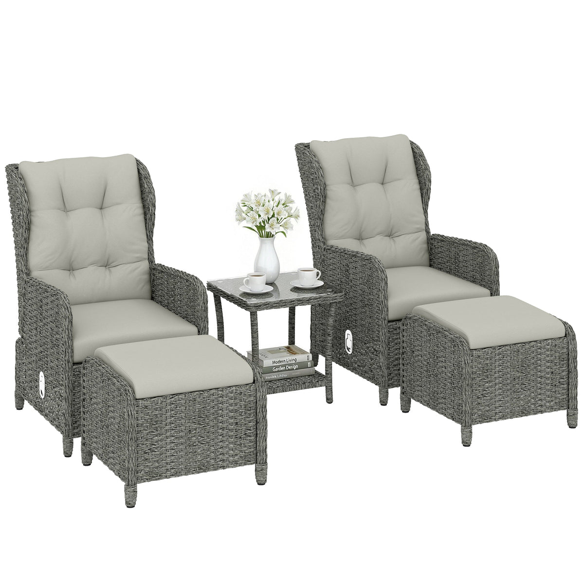 5 Piece Rattan Reclining Chair Set with Footstool and Glass Table, Cream White