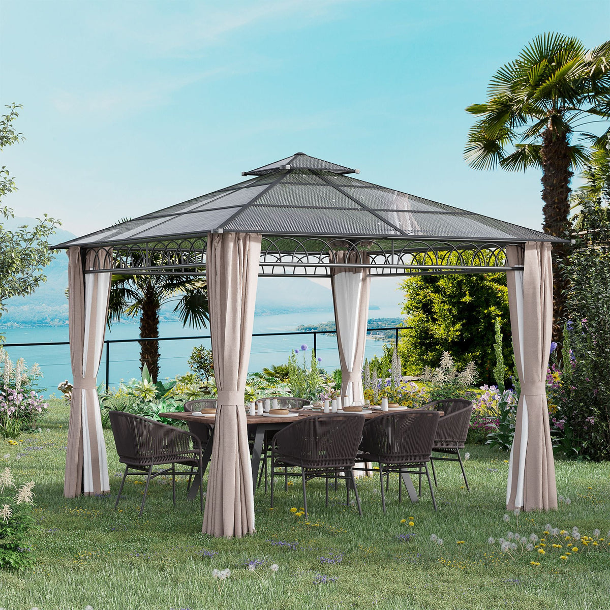 3 x 3m Polycarbonate Hardtop Gazebo with Curtains & Netting, Khaki