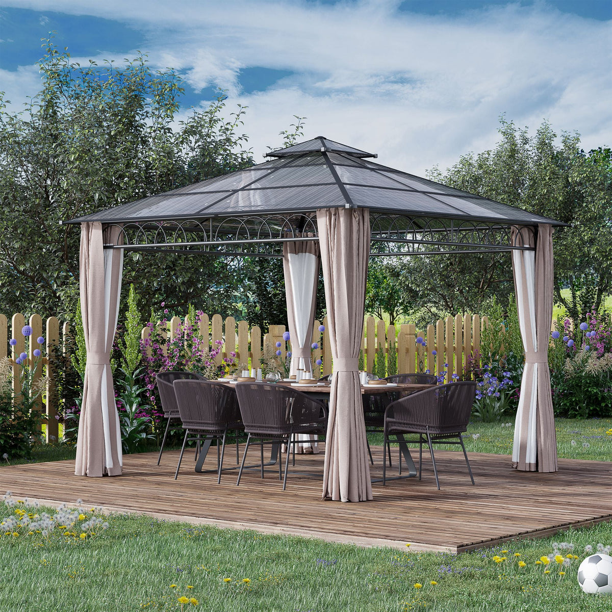 3 x 3m Polycarbonate Hardtop Gazebo with Curtains & Netting, Khaki