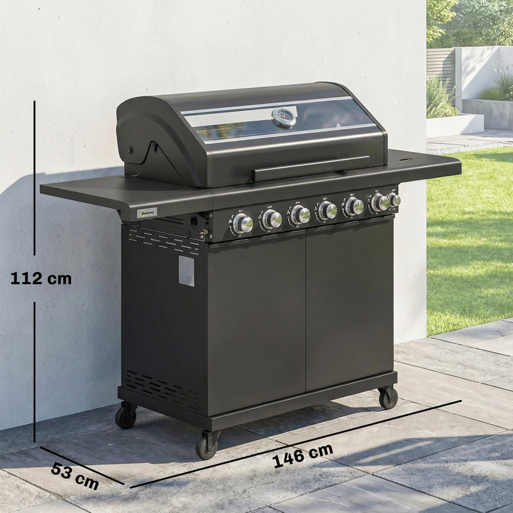 6+1 Burner Gas BBQ Grill with Cabinet and Viewing Window, Black