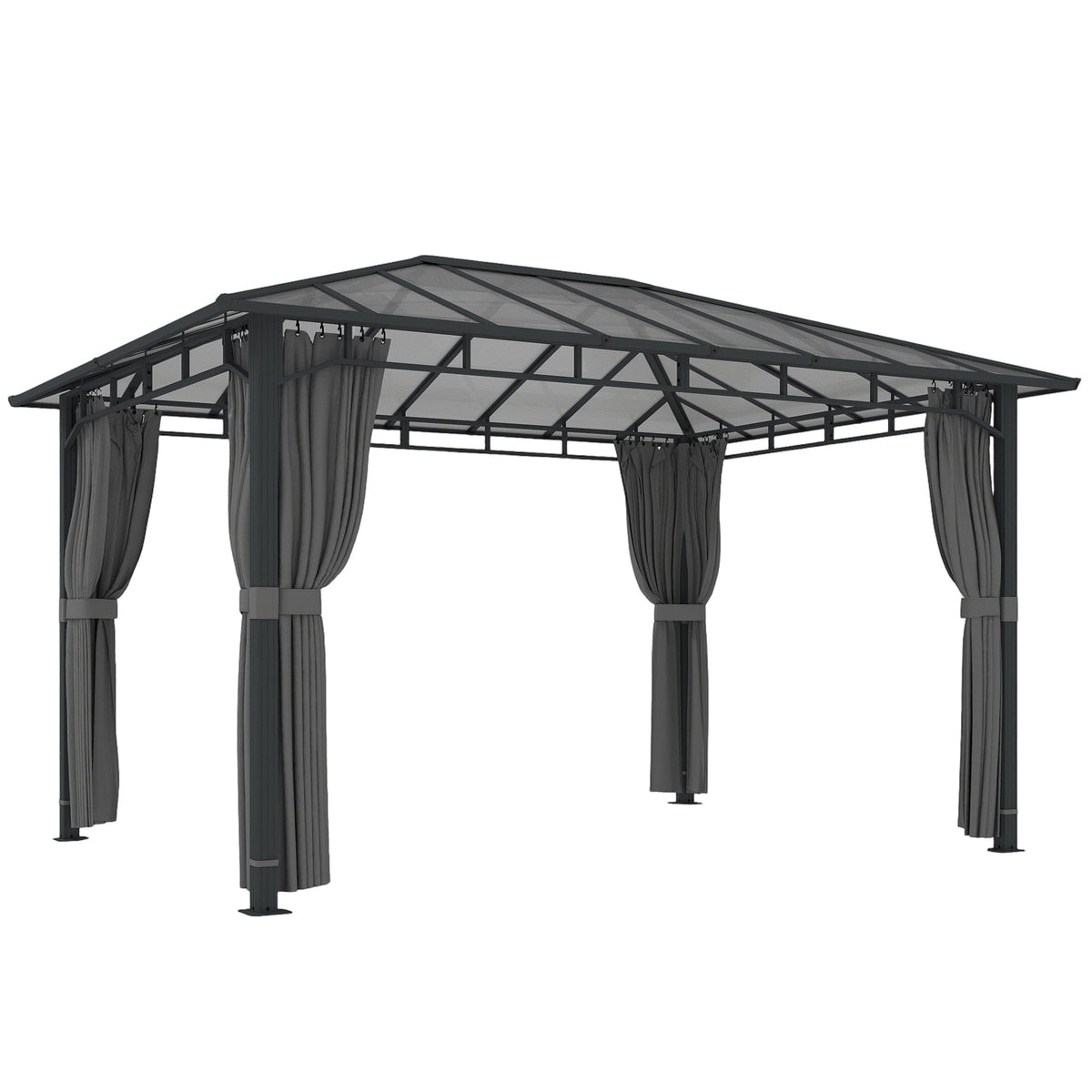 3 x 4 m Hardtop Gazebo with Polycarbonate Roof and Curtains, Dark Grey