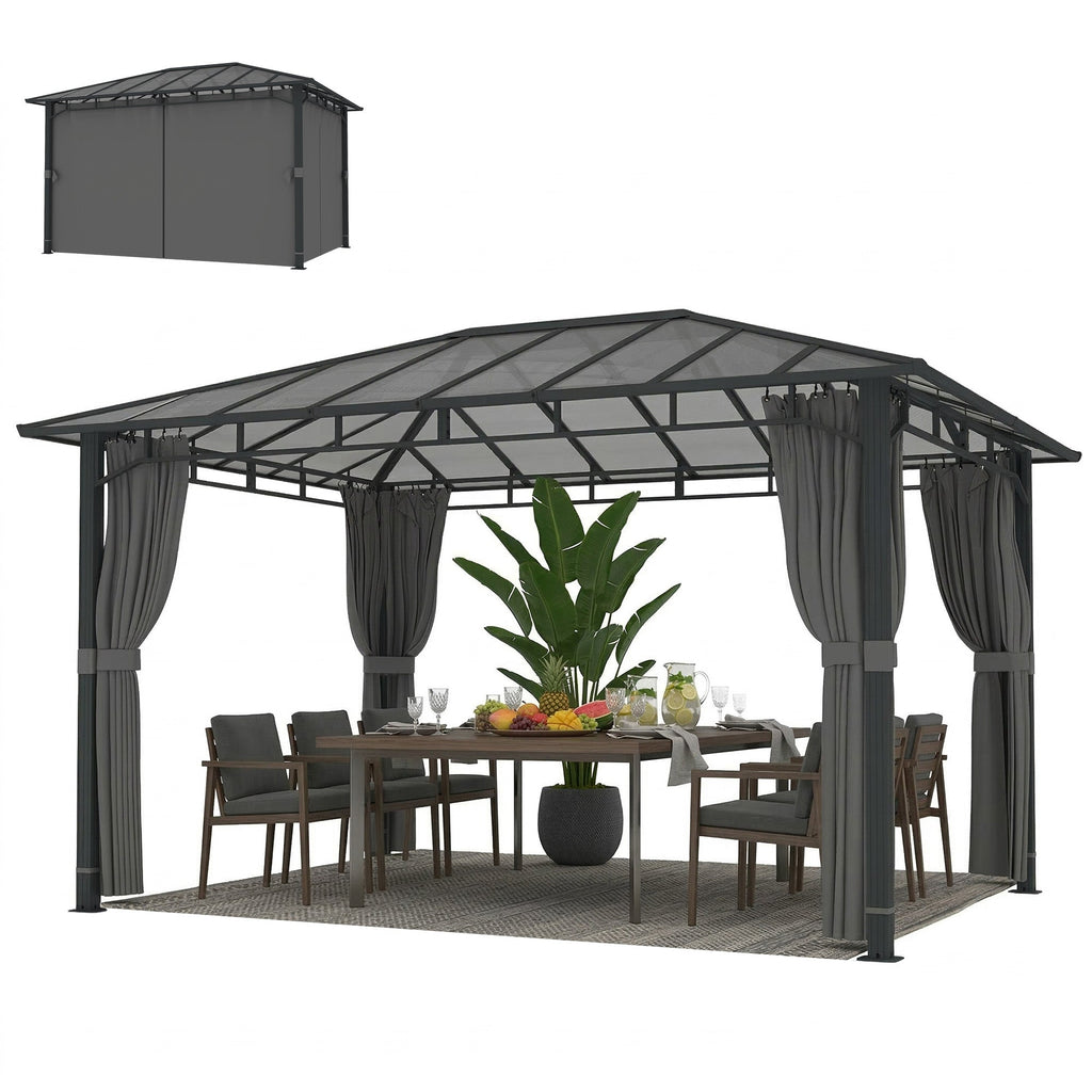 3 x 4 m Hardtop Gazebo with Polycarbonate Roof and Curtains, Dark Grey