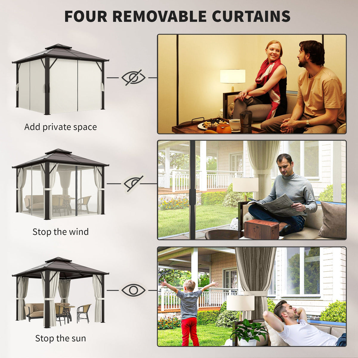 3 x 3m Hardtop Gazebo with Double Polycarbonate Roof, Curtains & Netting, Beige