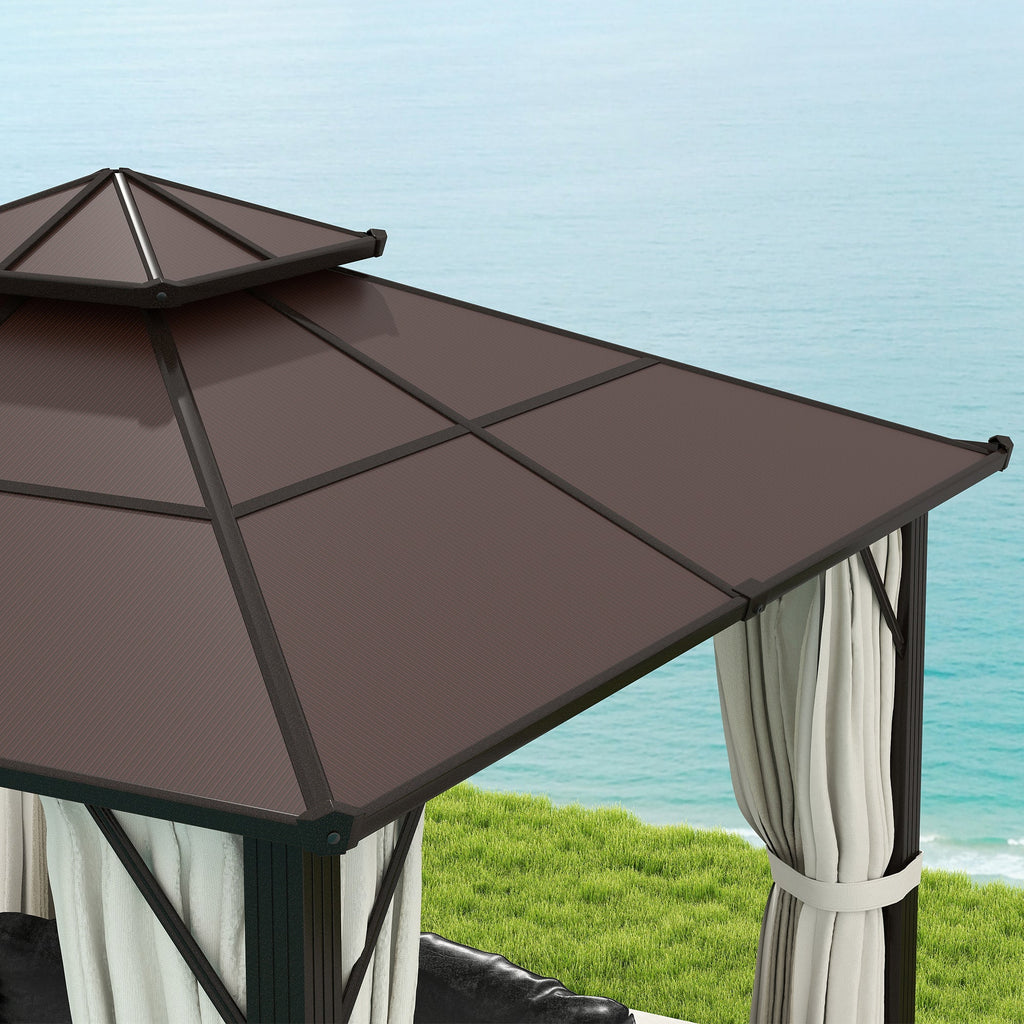 3 x 3m Hardtop Gazebo with Double Polycarbonate Roof, Curtains & Netting, Beige