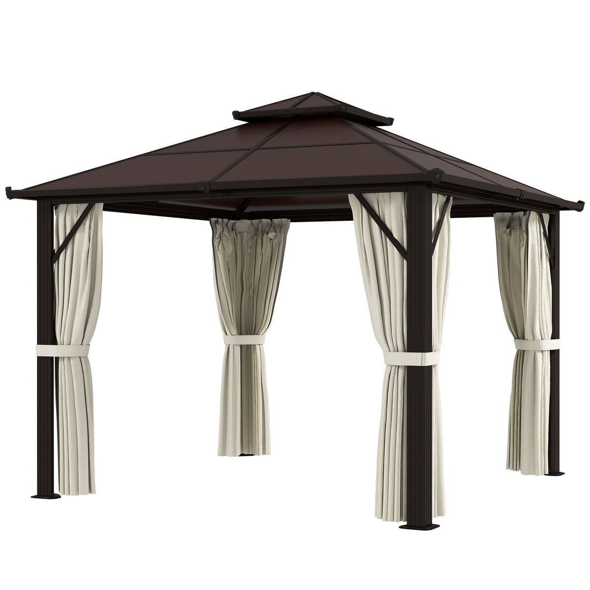 3 x 3m Hardtop Gazebo with Double Polycarbonate Roof, Curtains & Netting, Beige