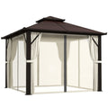 3 x 3m Hardtop Gazebo with Double Polycarbonate Roof, Curtains & Netting, Beige
