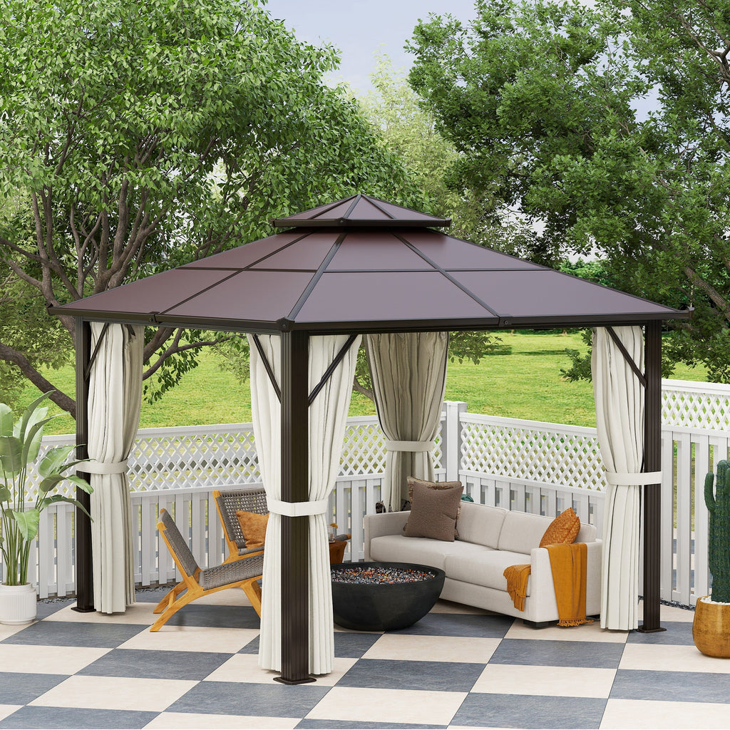 3 x 3m Hardtop Gazebo with Double Polycarbonate Roof, Curtains & Netting, Beige
