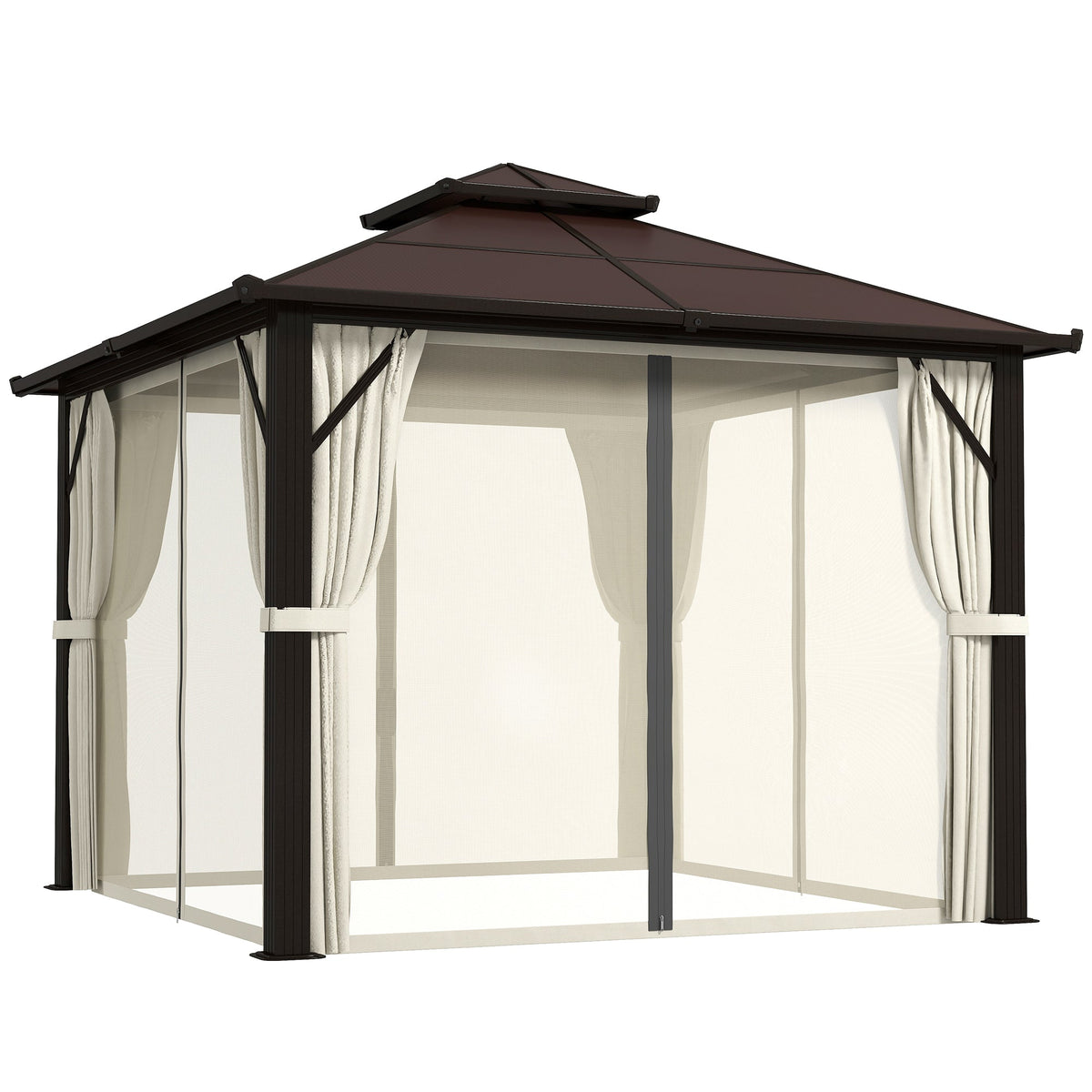 3 x 3m Hardtop Gazebo with Double Polycarbonate Roof, Curtains & Netting, Beige