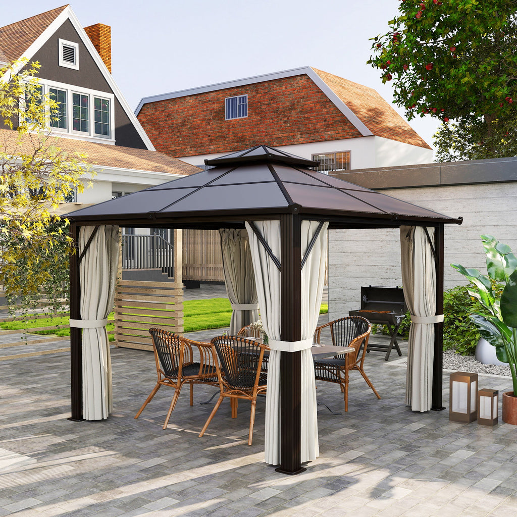 3 x 3m Hardtop Gazebo with Double Polycarbonate Roof, Curtains & Netting, Beige