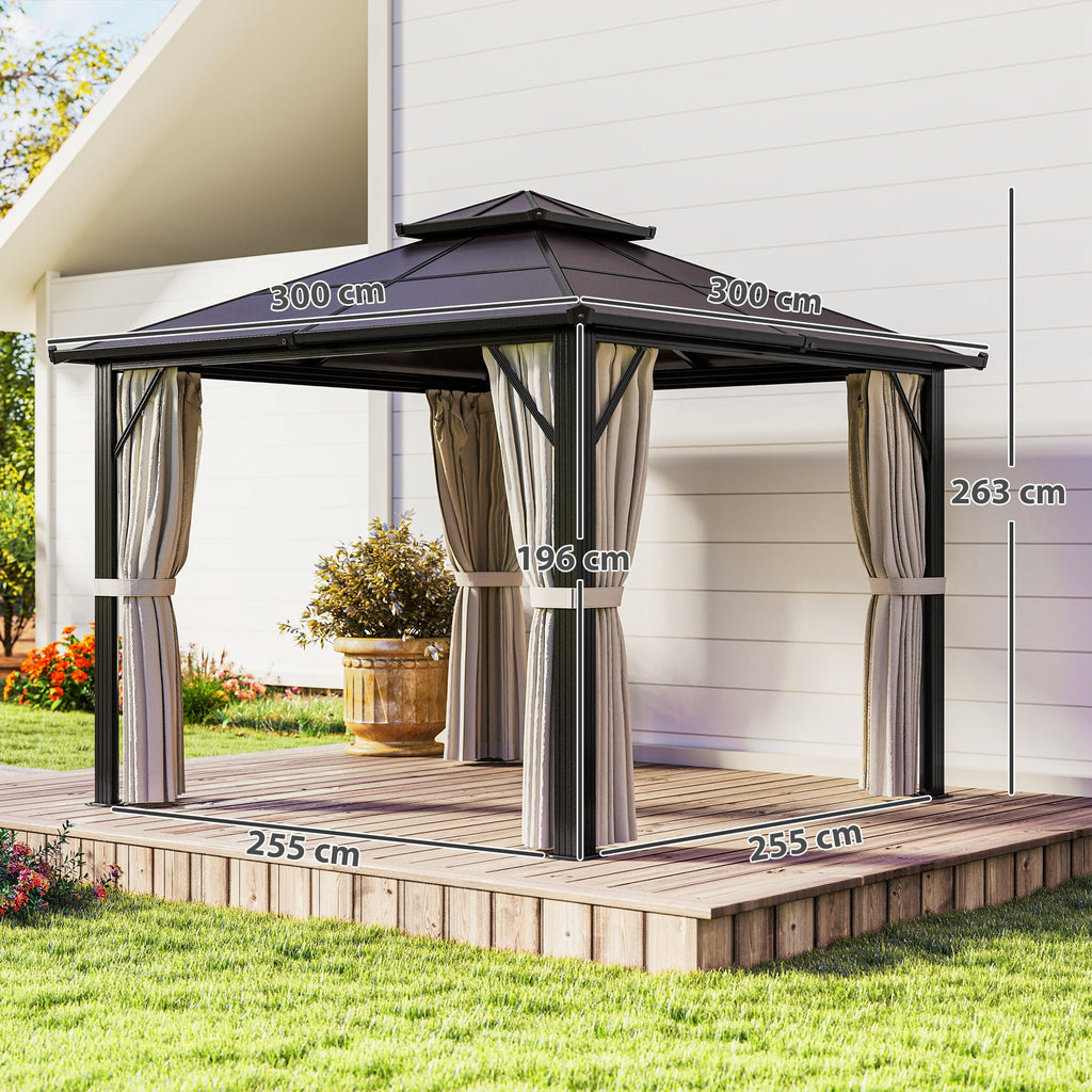 3 x 3m Hardtop Gazebo with Double Polycarbonate Roof, Curtains & Netting, Beige