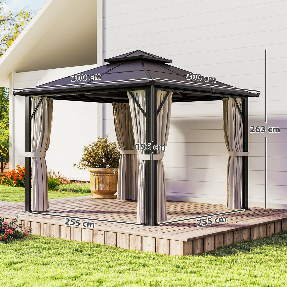 3 x 3m Hardtop Gazebo with Double Polycarbonate Roof, Curtains & Netting, Beige