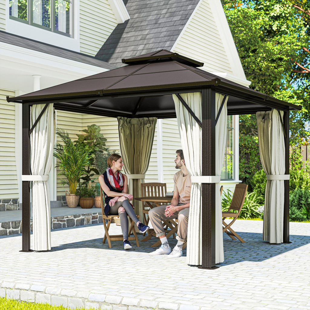 3 x 3m Hardtop Gazebo with Double Polycarbonate Roof, Curtains & Netting, Beige