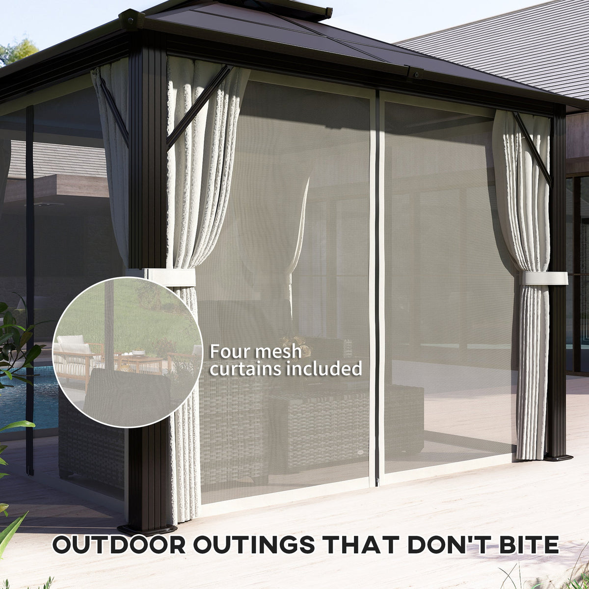 3 x 3m Hardtop Gazebo with Double Polycarbonate Roof, Curtains & Netting, Beige