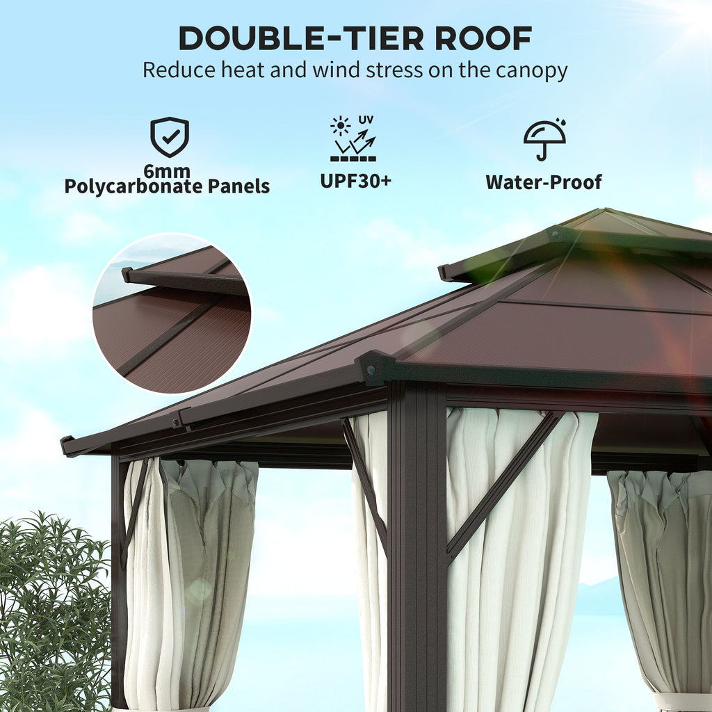 3 x 3m Hardtop Gazebo with Double Polycarbonate Roof, Curtains & Netting, Beige