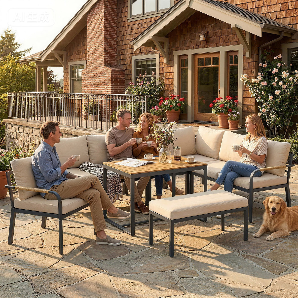 7 Seater Garden Furniture Set with Faux Wood Table, Khaki