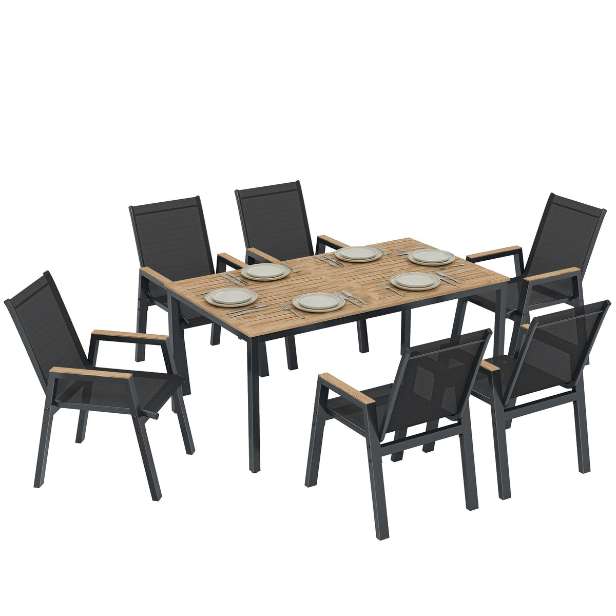 7-Piece Outdoor Dining Set with Slatted Rectangle Table and 6 Mesh Chairs, Black