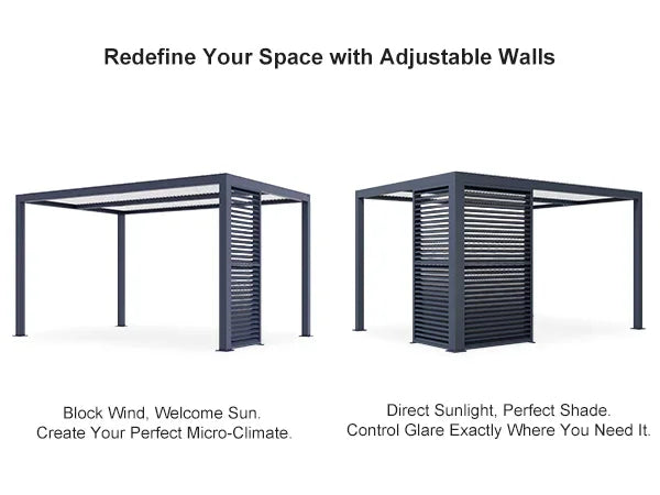 PURPLE LEAF Athena Louvered Pergola Grey Outdoor Aluminum Pergola with Shutter Wall Adjustable Gazebo Rainproof for Patio Deck Garden