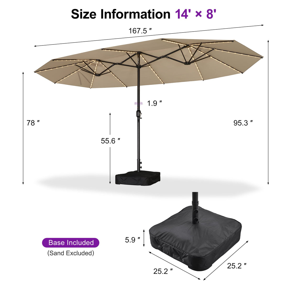 PURPLE LEAF Double Sided Patio Umbrella with Light Large Market Umbrellas with Base