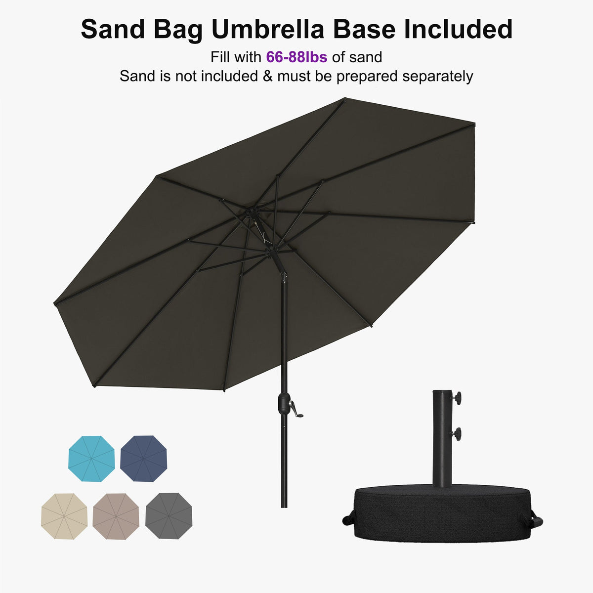 PURPLE LEAF Black Frame Outdoor Market Umbrellas Yard Tilting Patio Table Umbrella with Base