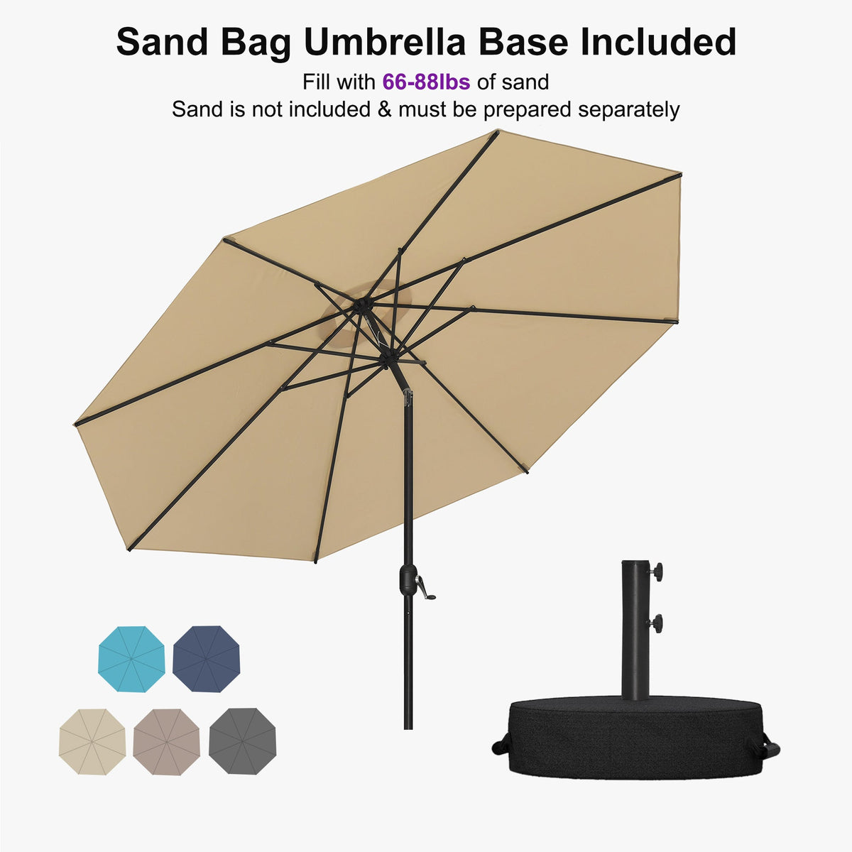 PURPLE LEAF Black Frame Outdoor Market Umbrellas Yard Tilting Patio Table Umbrella with Base