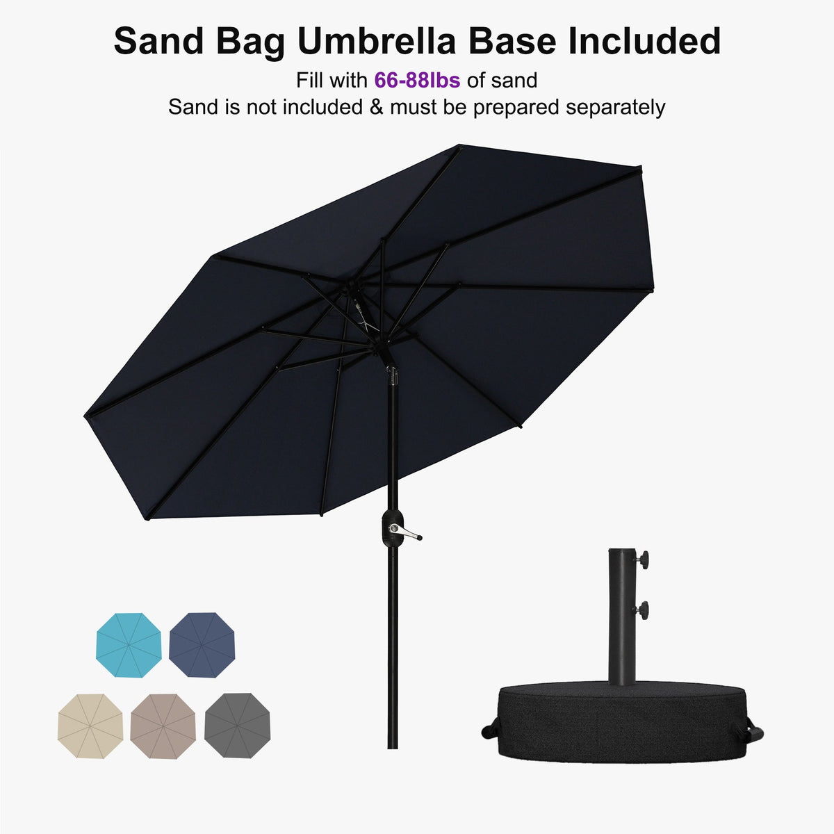 PURPLE LEAF Black Frame Outdoor Market Umbrellas Yard Tilting Patio Table Umbrella with Base