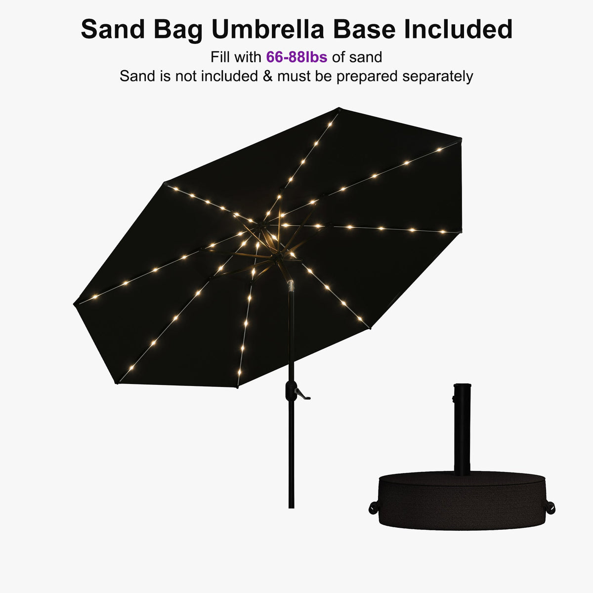 PURPLE LEAF Black Frame Tilting Market Umbrella with Lights Table Umbrella with Base Outside Patio