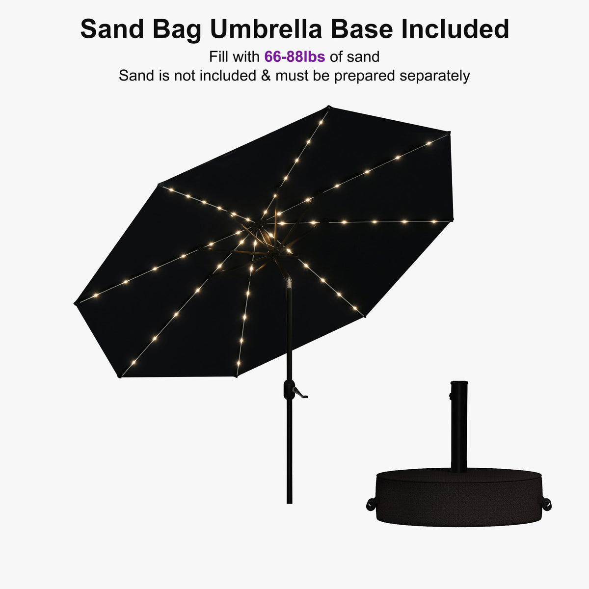 PURPLE LEAF Black Frame Tilting Market Umbrella with Lights Table Umbrella with Base Outside Patio