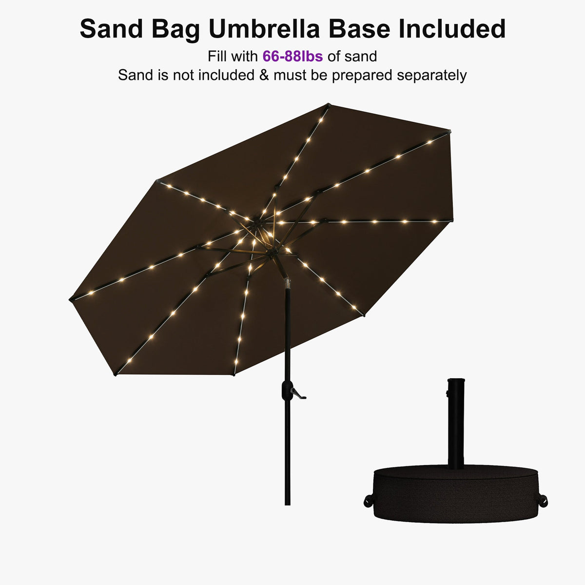 PURPLE LEAF Black Frame Tilting Market Umbrella with Lights Table Umbrella with Base Outside Patio
