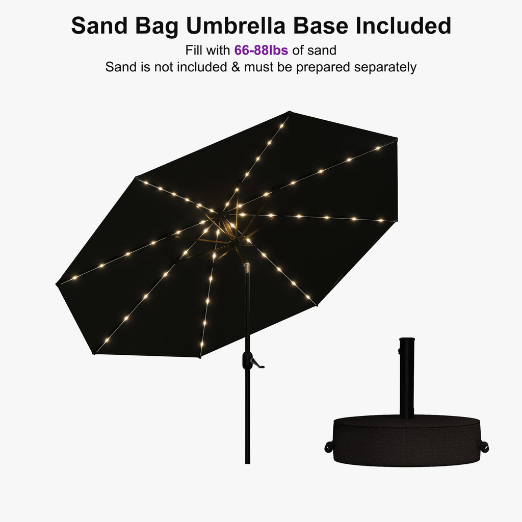 PURPLE LEAF Black Frame Tilting Market Umbrella with Lights Table Umbrella with Base Outside Patio