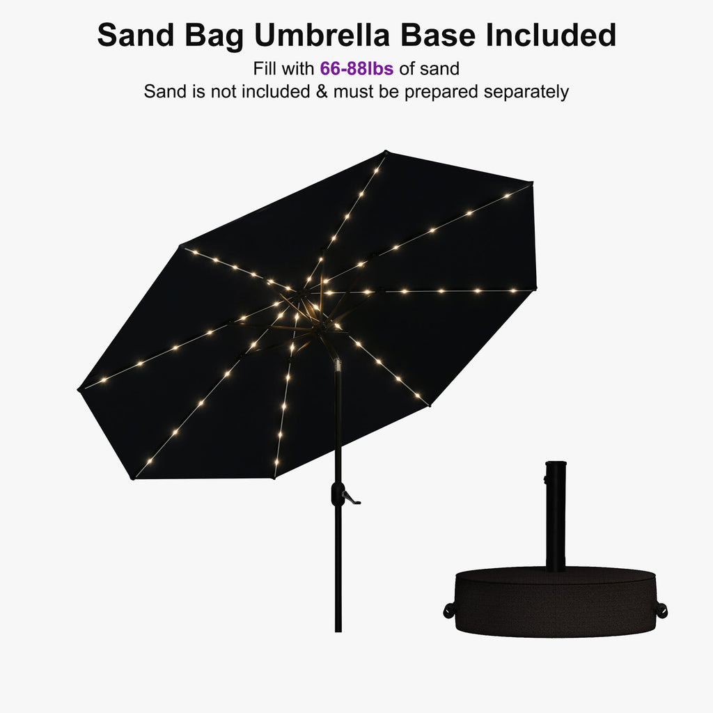 PURPLE LEAF Black Frame Tilting Market Umbrella with Lights Table Umbrella with Base Outside Patio