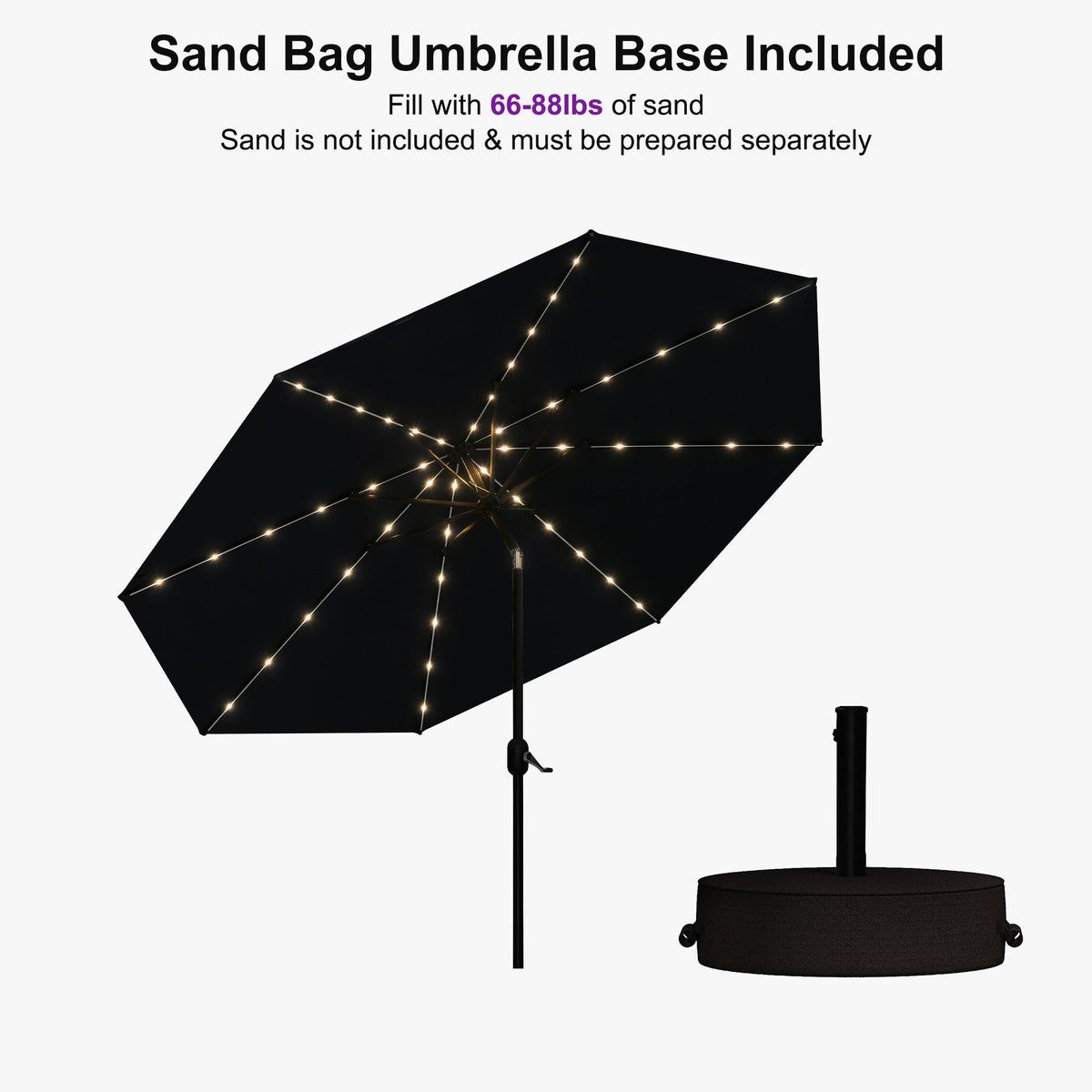 PURPLE LEAF Black Frame Tilting Market Umbrella with Lights Table Umbrella with Base Outside Patio