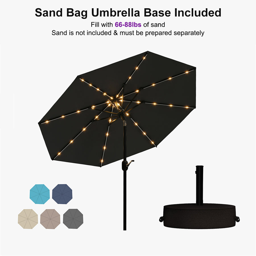 PURPLE LEAF Black Frame Tilting Market Umbrella with Lights Table Umbrella with Base Outside Patio