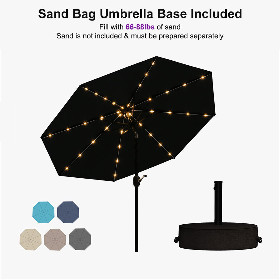 PURPLE LEAF Black Frame Tilting Market Umbrella with Lights Table Umbrella with Base Outside Patio