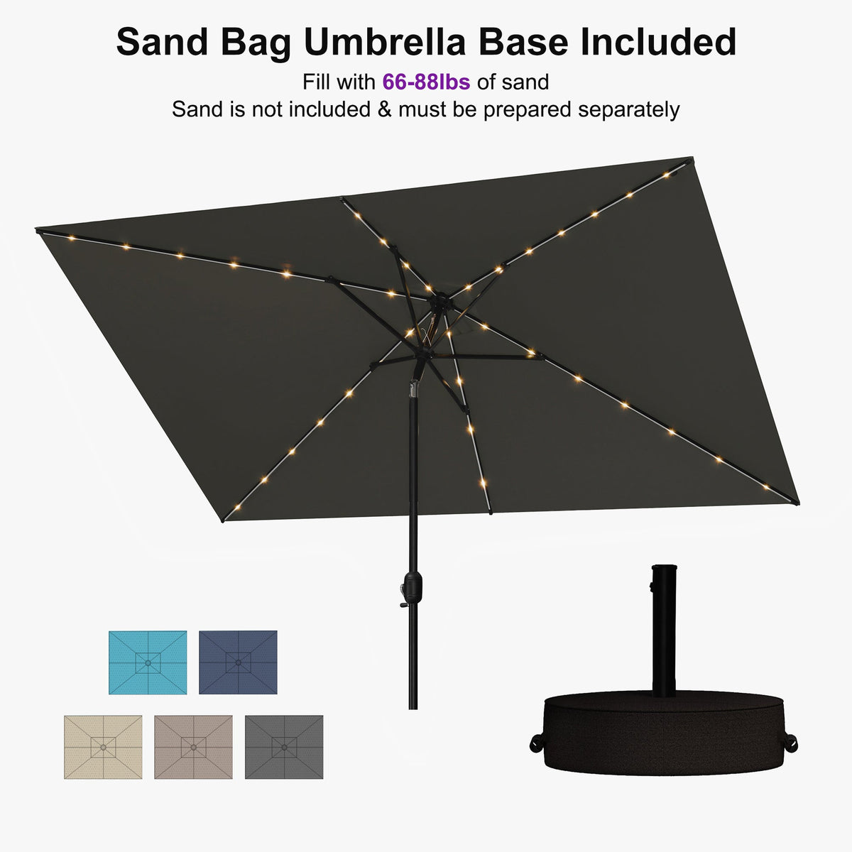 PURPLE LEAF Black Frame Tilting Market Umbrella with Lights Table Umbrella with Base Outside Patio