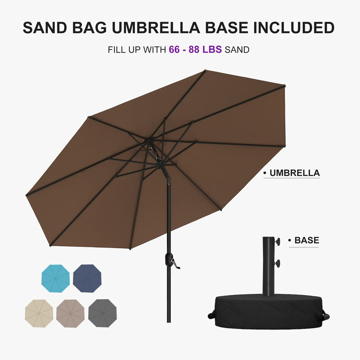 PURPLE LEAF Black Frame Outdoor Market Umbrellas Yard Tilting Patio Table Umbrella with Base