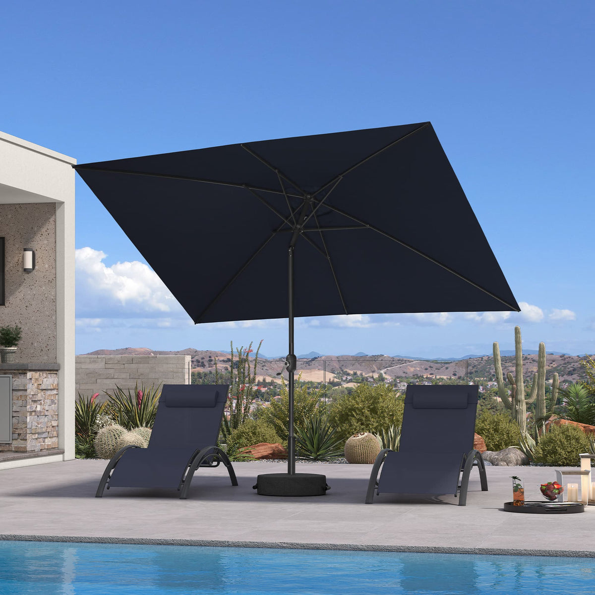 PURPLE LEAF Black Frame Outdoor Market Umbrellas Yard Tilting Patio Table Umbrella with Base